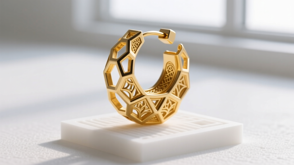 Close-up of a high-resolution 3D printed castable wax resin model of a complex geometric gold huggie earring on a build plate
