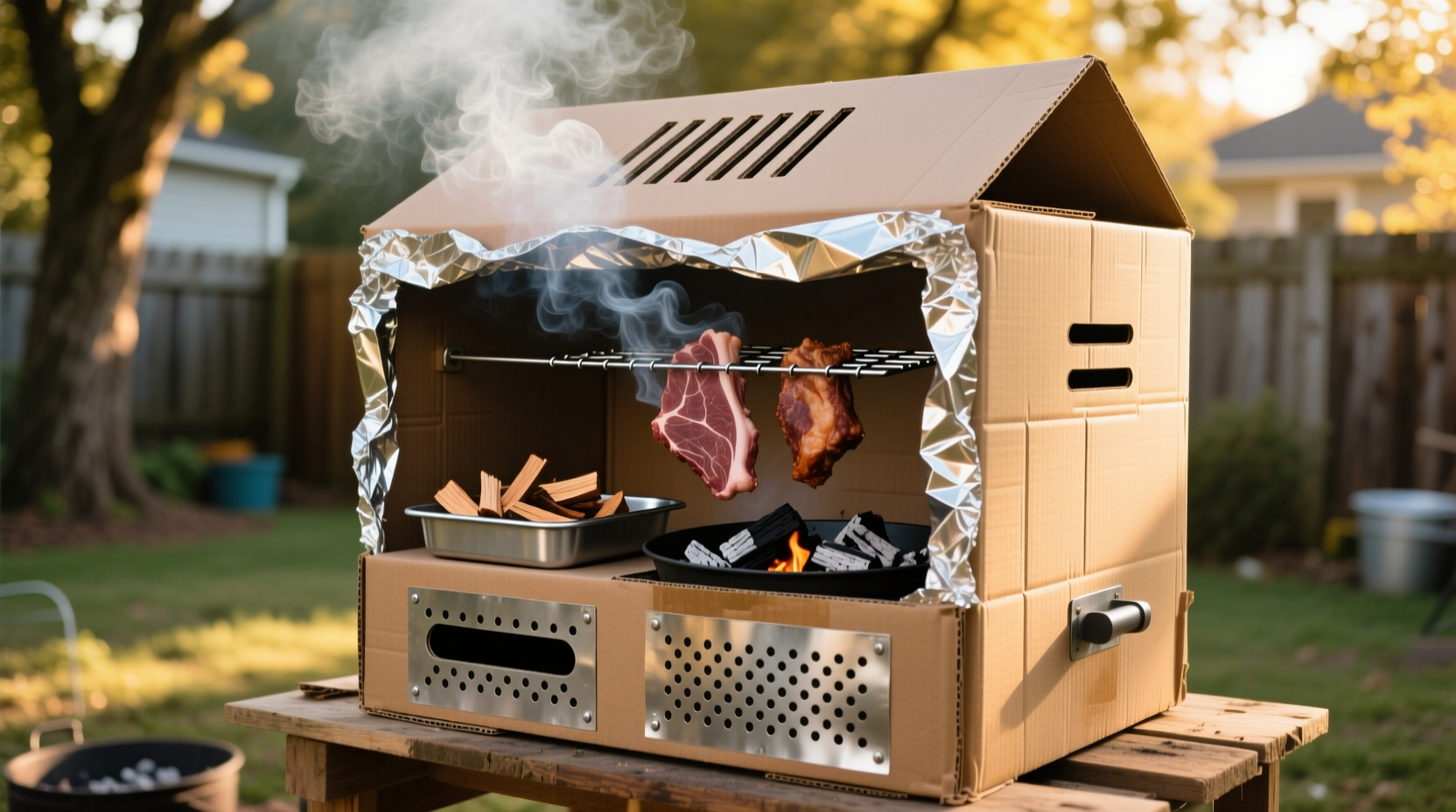 make a quick and cheap meat smoker with a cardboard box
