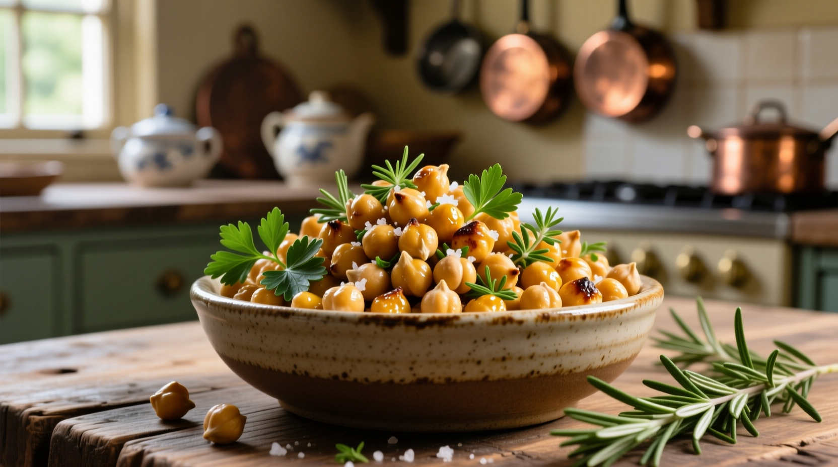 Golden roasted chickpeas in a bowl with herbs