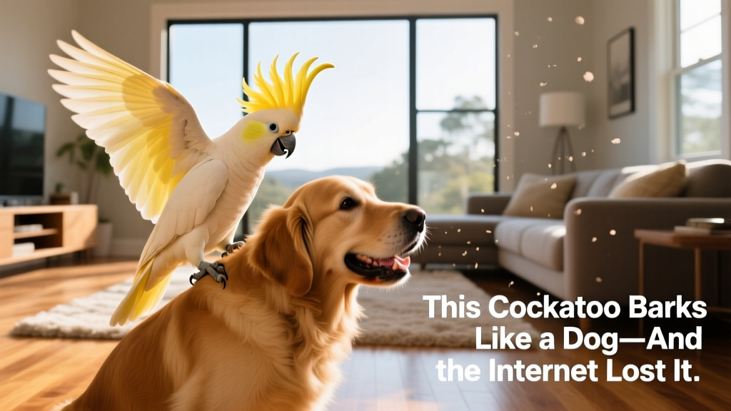 Cockatoo interacting playfully with a friendly dog in a sunlit living room, both appearing relaxed and engaged