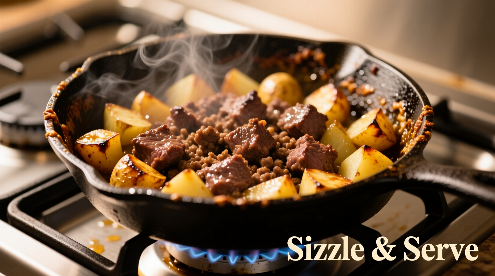 Ground beef and potatoes cooking in cast iron skillet