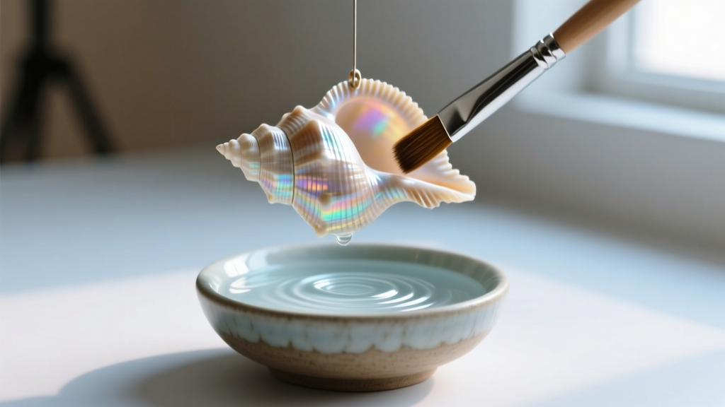 Macro shot of a single pooka shell gently brushed with a soft goat-hair brush over a small ceramic bowl of distilled water