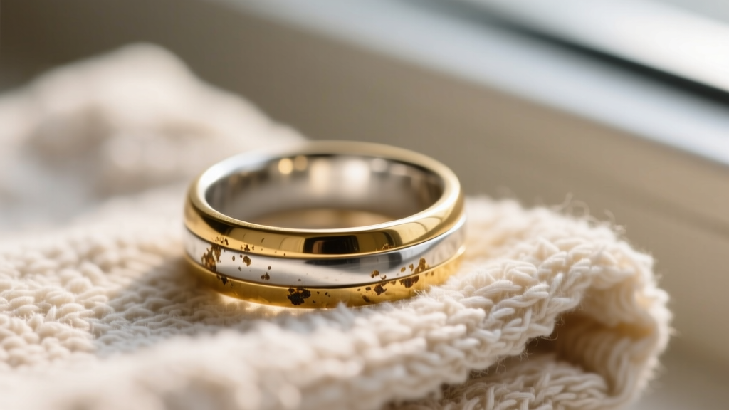 Macro shot of a tarnished gold vermeil ring showing exposed sterling silver base metal on the inner band, resting on a dry towel.