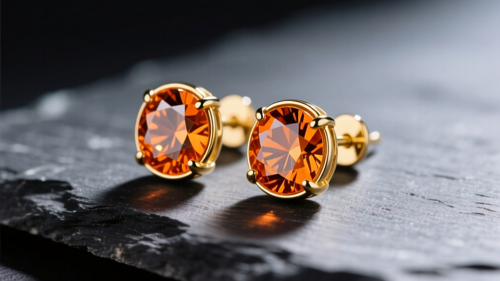 Close-up of spessartite garnet orange stud earrings in 18k yellow gold bezels on dark slate, soft lighting highlighting facets.