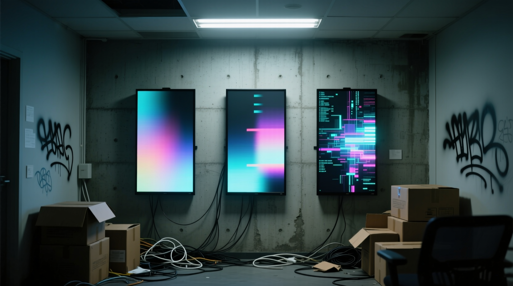 triple screens in a tiny office gallery