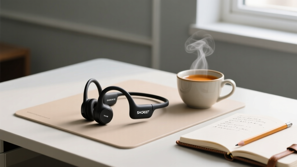 Shokz OpenRun Pro 2 bone conduction headphones resting on a minimalist desk mat beside a steaming cup of coffee and notebook