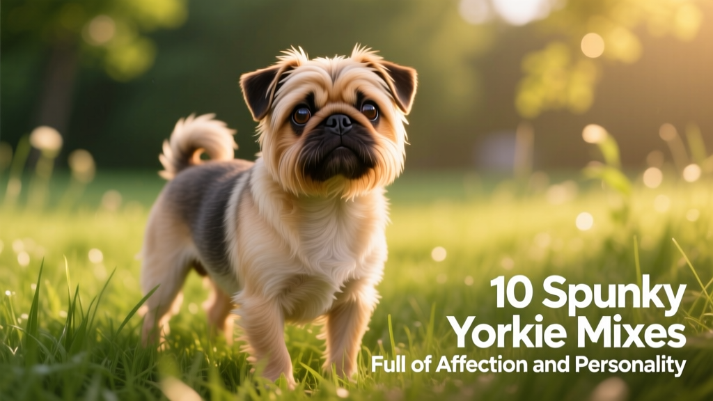 Pugshire, Pug Yorkie mix, standing in grass