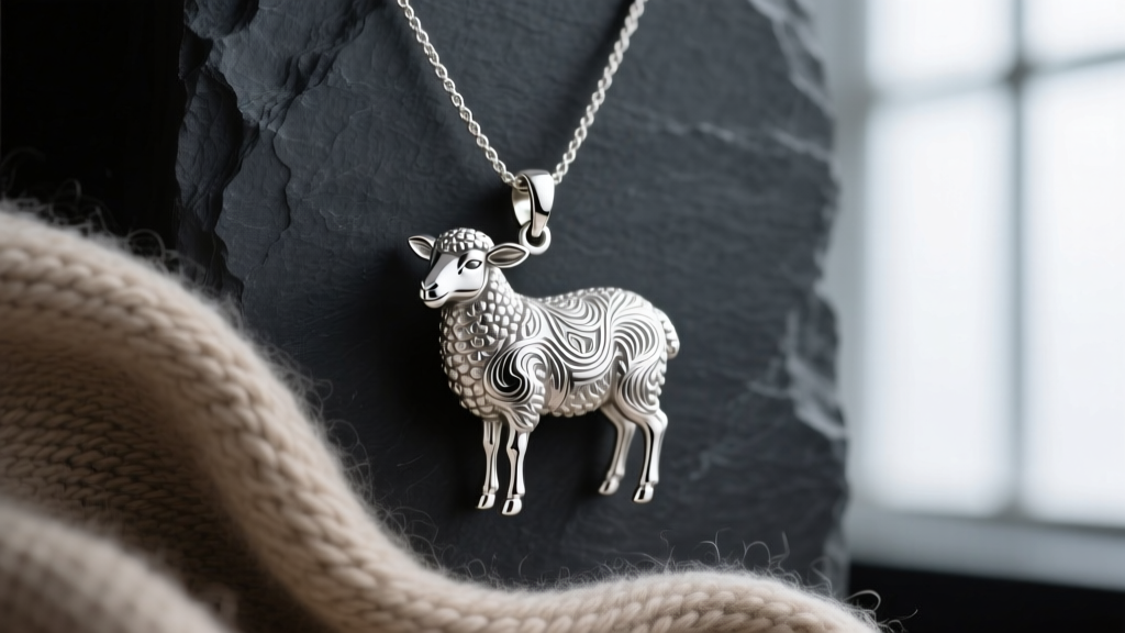 Sterling silver lamb pendant with textured wool on dark slate, soft studio lighting highlighting the intricate metalwork.