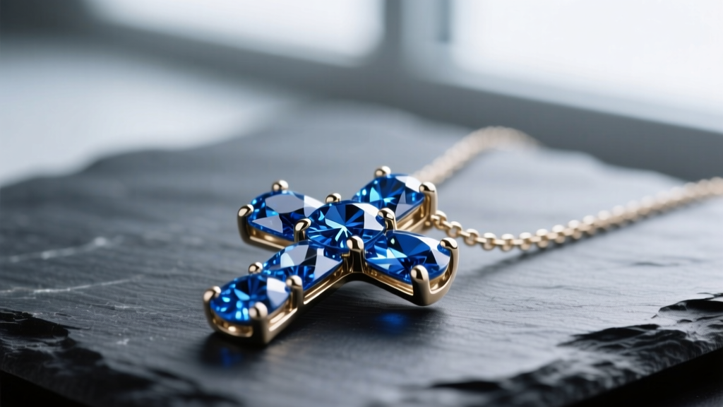 Macro shot of a 14k white gold blue diamond cross necklace on dark slate, highlighting deep blue gems and prong settings