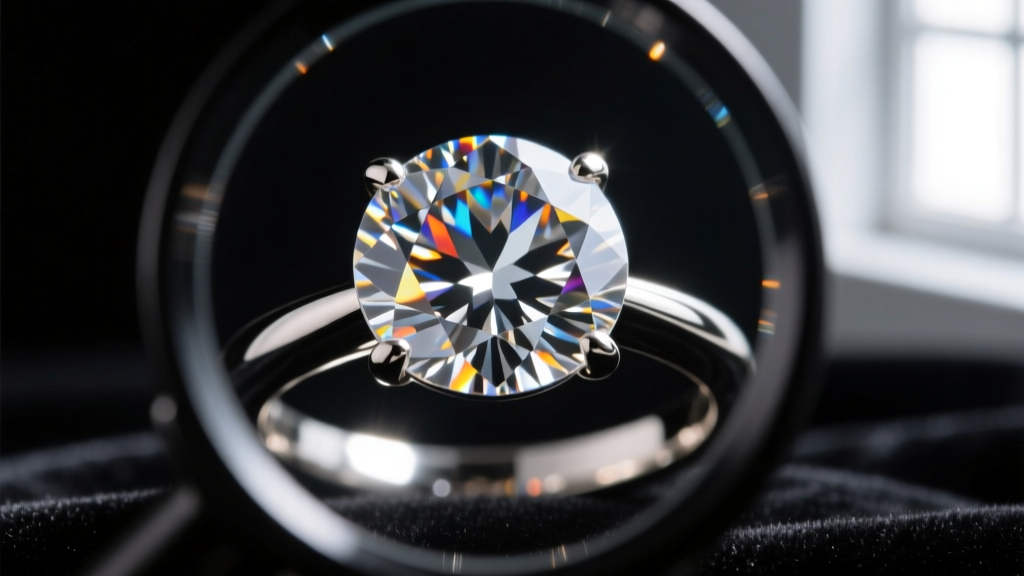 Extreme macro view through a jeweler's loupe inspecting the four-prong setting of a pink sapphire for metal wear and prong lifting.