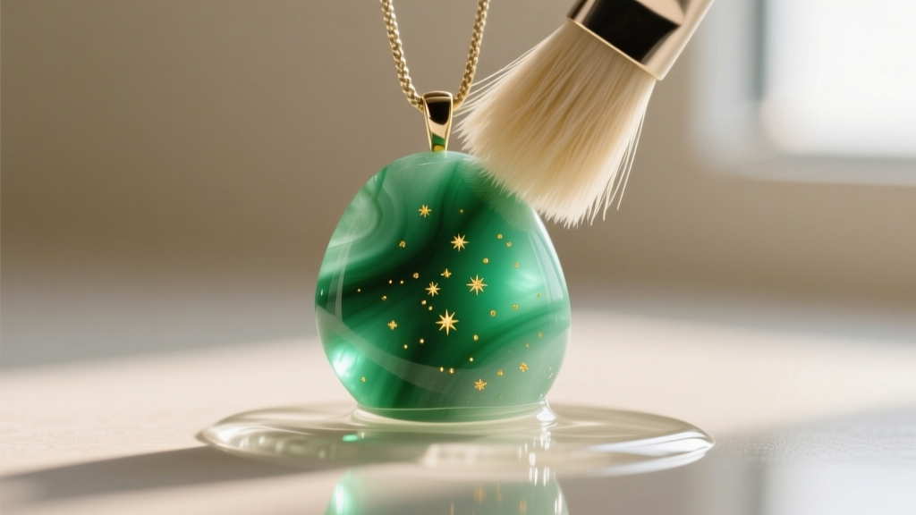 Close-up of a soft bristle brush gently cleaning a green aventurine stone on a chakra pendant with mild soapy water nearby.