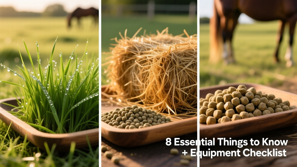 Side-by-side photo of fresh green pasture grass, sun-cured timothy hay, and alfalfa hay pellets