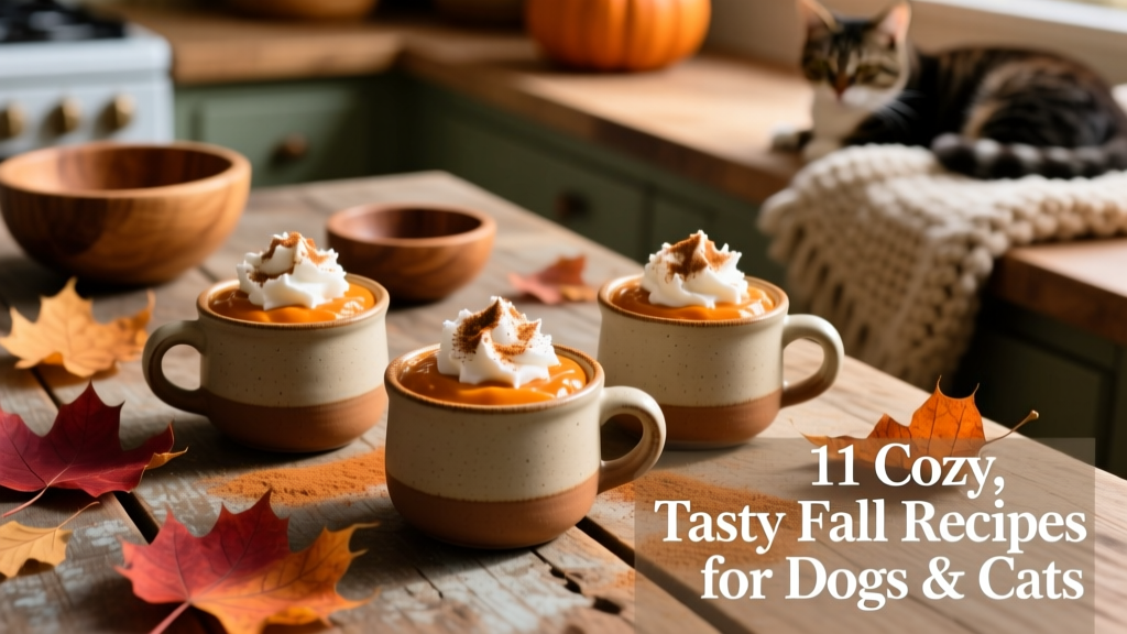 Three small ceramic cups filled with creamy orange-brown mixture, garnished with coconut whip and a sprinkle of cinnamon, arranged on a rustic wooden table with fall leaves