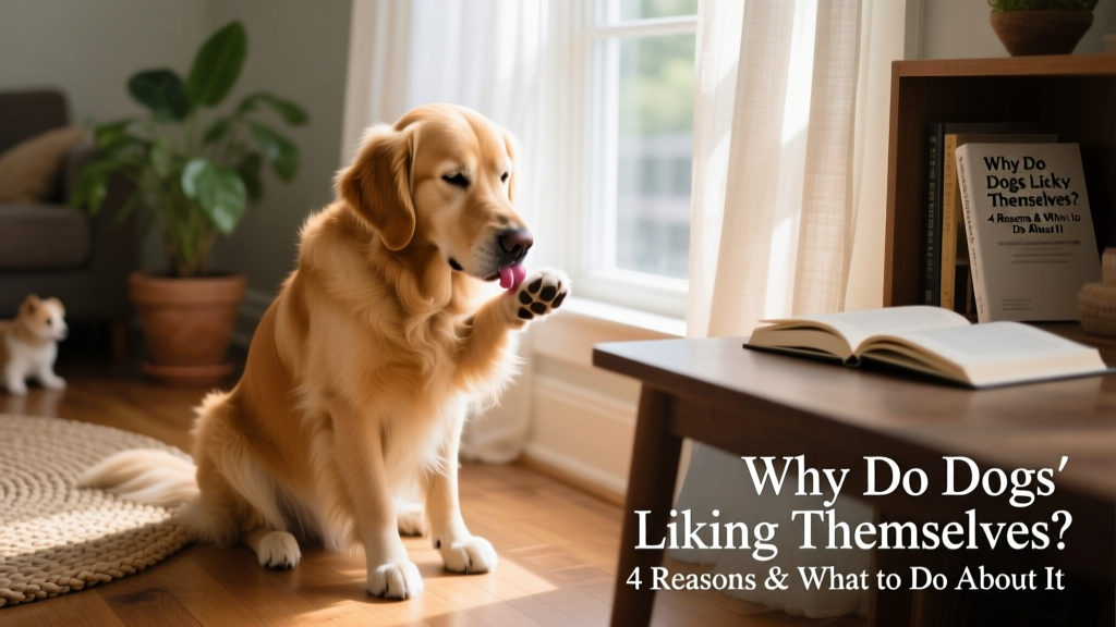 A dog gently licking its own paw while sitting near a window, looking calm but slightly tense