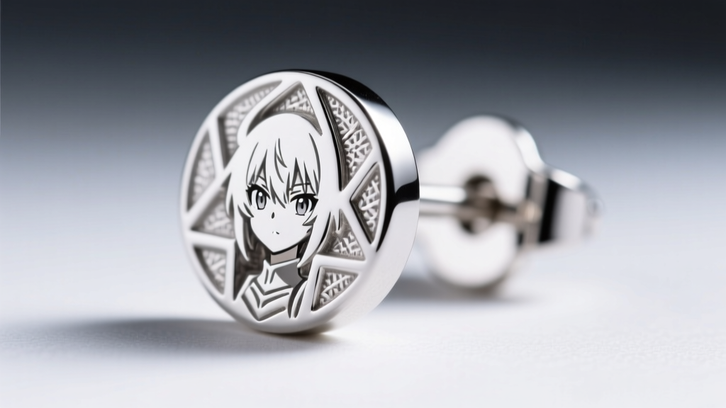 Macro shot of 18-gauge sterling silver anime fusion stud earring with rhodium plating, showing fine geometric surface engravings.