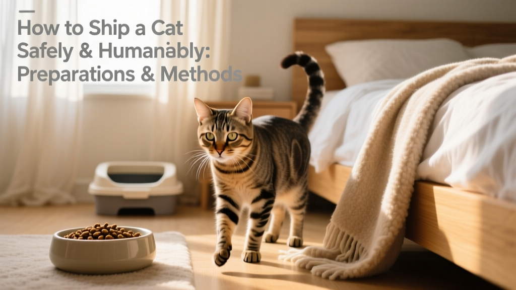 A cat cautiously exploring a new, quiet room with familiar bedding, food bowl, and litter box nearby