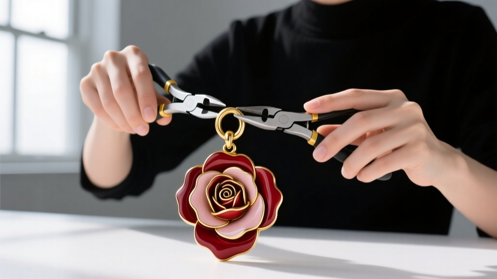 Jeweler using two flat-nose pliers to open a thick 18-gauge gold jump ring attached to the bail of a heavy enamel rose pendant