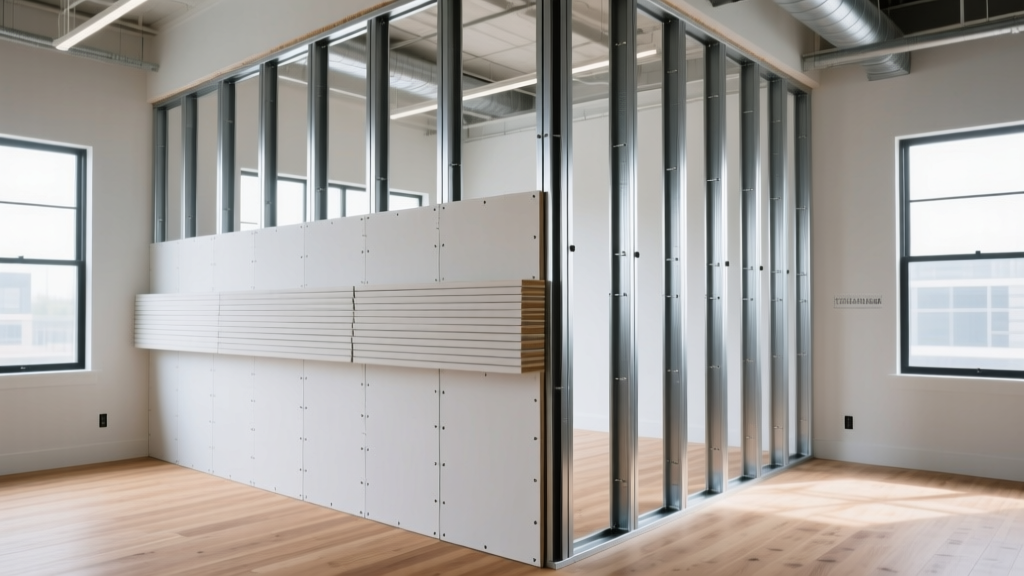 Commercial interior framing with 25-gauge metal studs and stacked 5/8-inch Type X gypsum board panels ready for partition wall installation