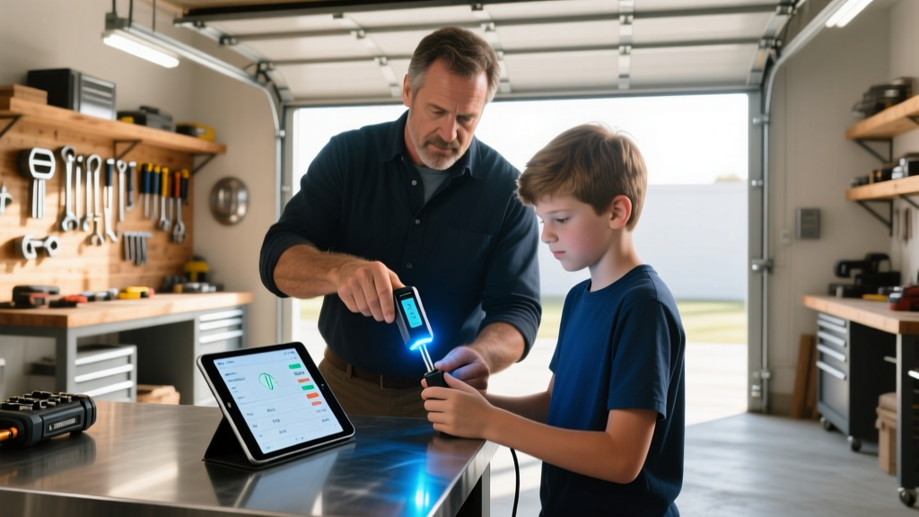 Father and teenage son in a well-lit garage workshop setting up a digital smart torque wrench connected to a rugged tablet