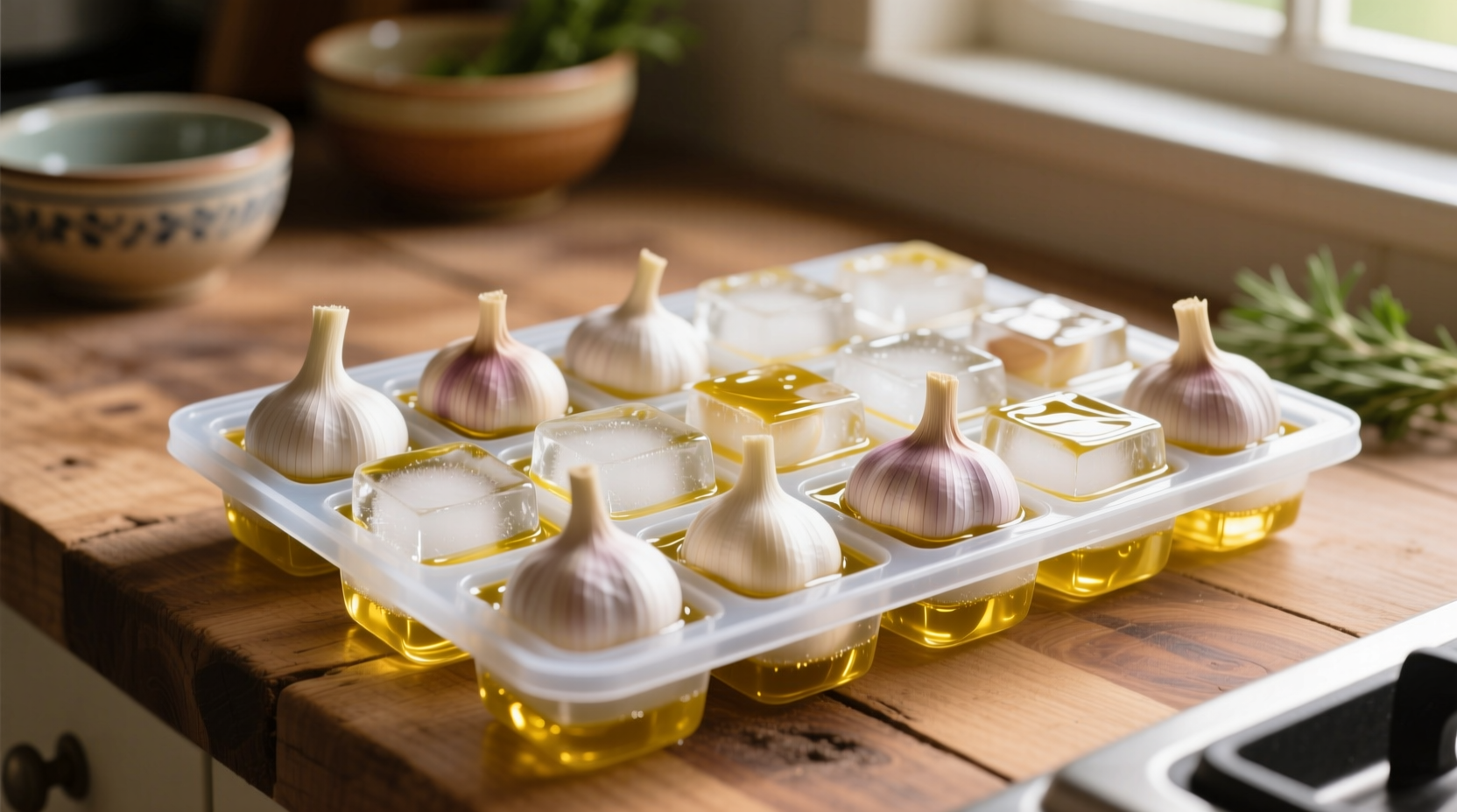 Garlic cloves frozen in ice cube tray with oil