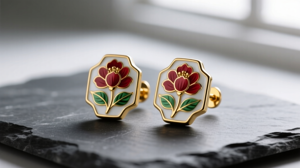 Macro photography of a hand-painted Limoges porcelain floral stud earring set in a 14k yellow gold bezel, resting on dark slate