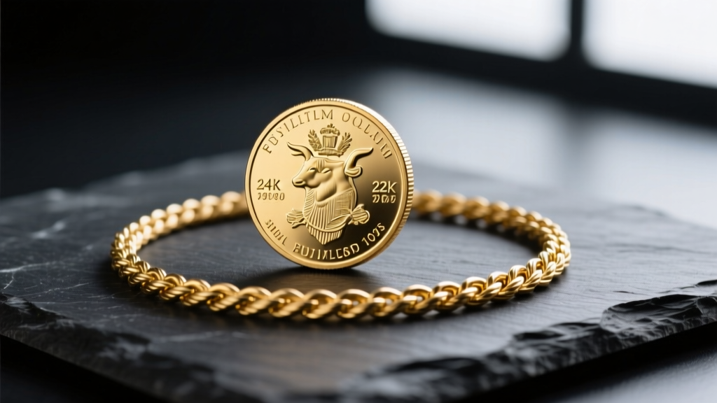 Matte 24k gold bullion coin and polished 22k gold rope chain resting on dark slate, with sharp macro focus on their distinct hallmarks