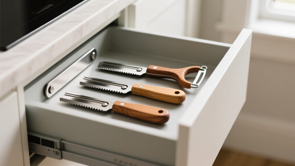 Narrow kitchen drawer showing a magnetic strip holding three slim sustainable wood-handled mandoline slicers and peelers neatly organized
