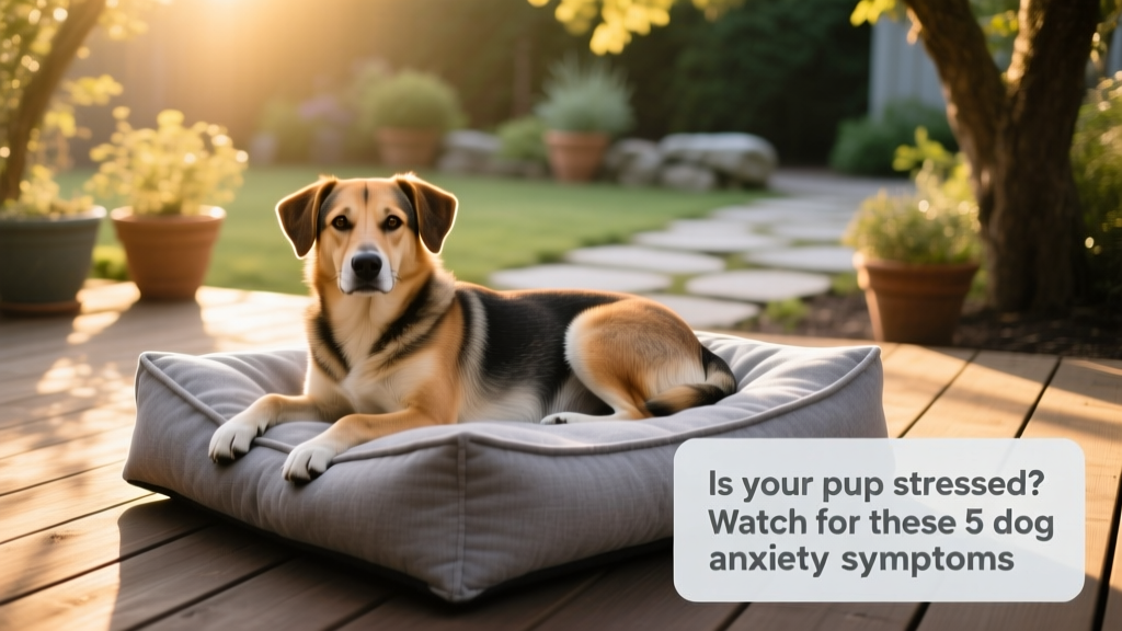 Dog lying on a cozy elevated bed, relaxed but still watchful, with ears slightly forward and eyes softly focused