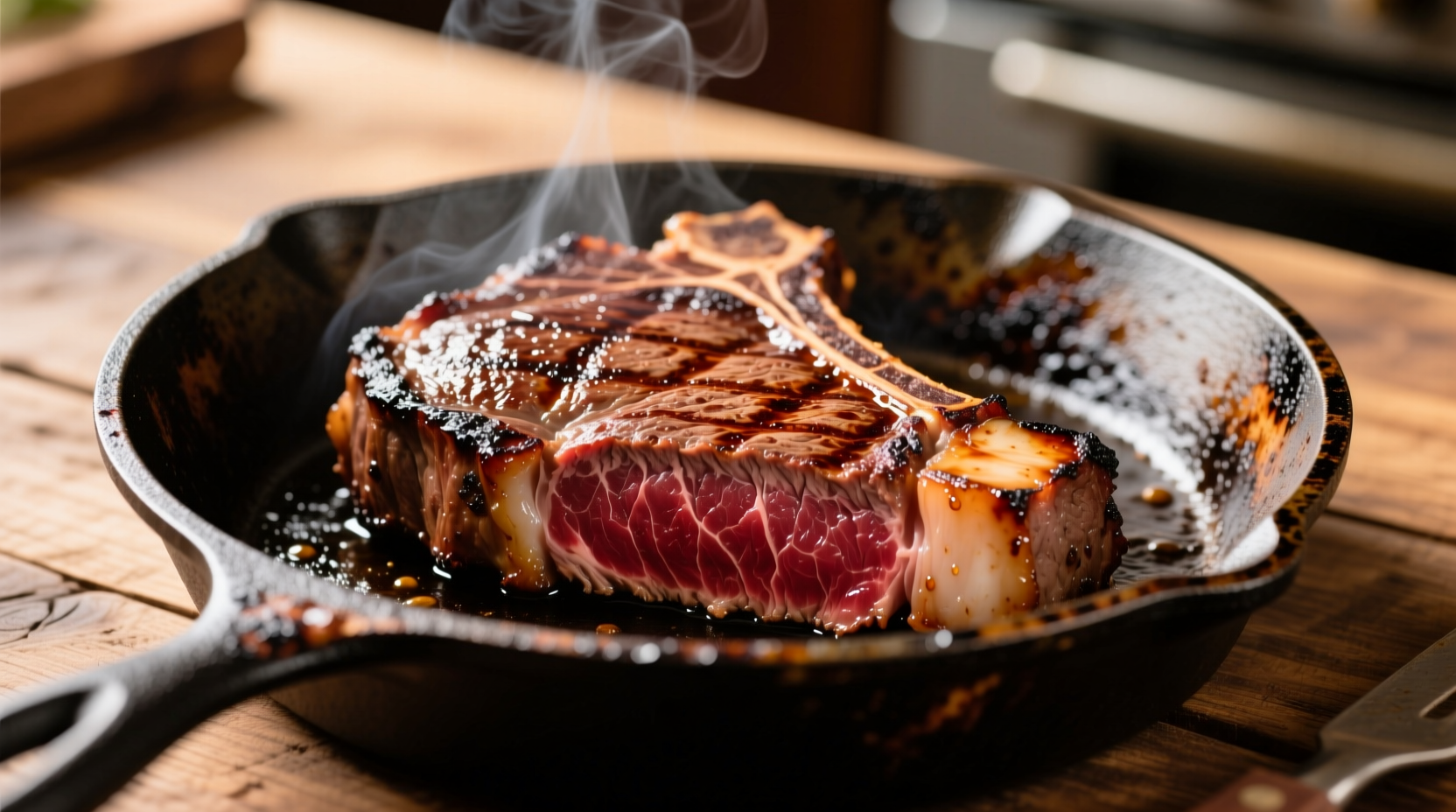 Perfectly seared bone-in ribeye steak on cast iron