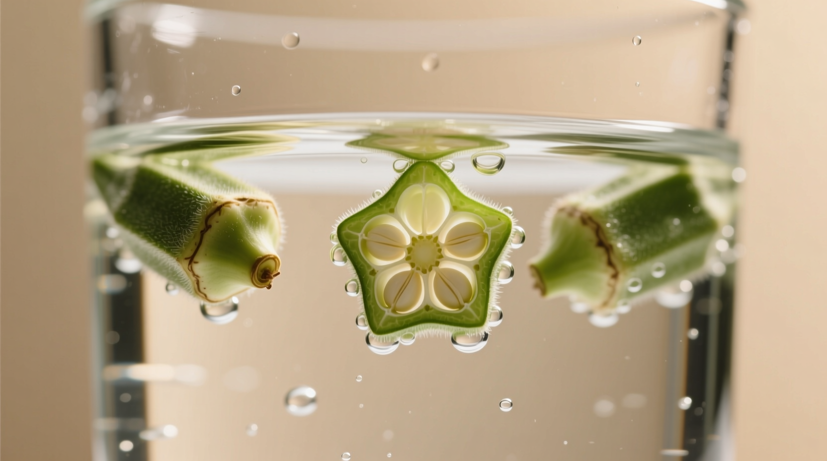 Close-up of okra seeds soaking in water