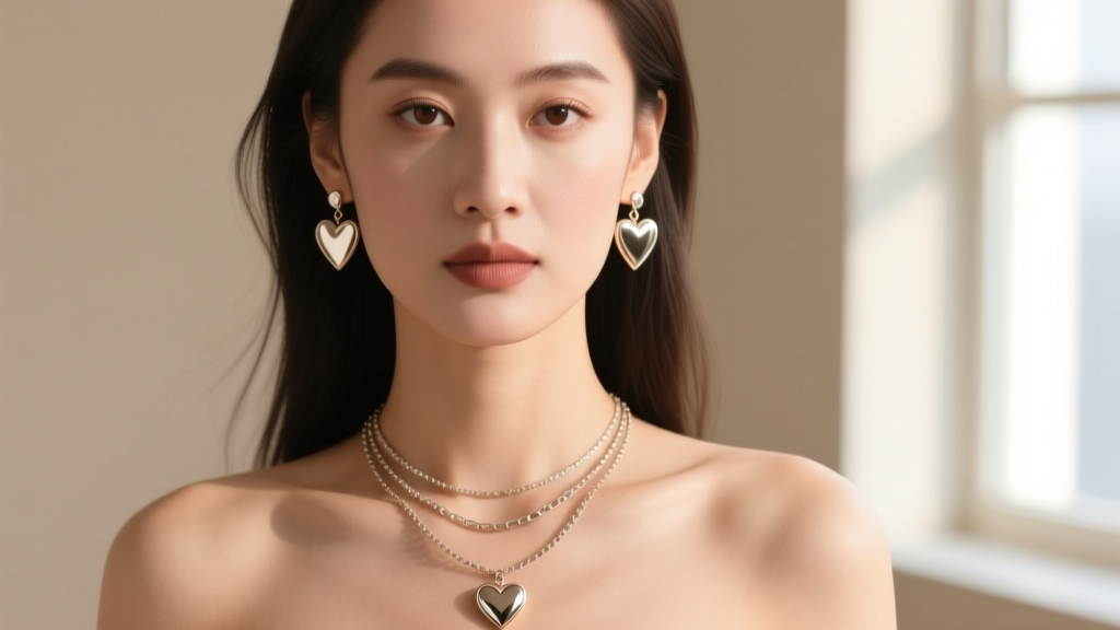 Close-up portrait of a woman wearing a layered heart pendant necklace and medium-sized heart drop earrings, neutral background