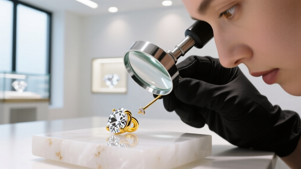 Jeweler using a loupe to inspect rhodium wear on a white and yellow gold earring post against a bright clean jeweler's workbench.
