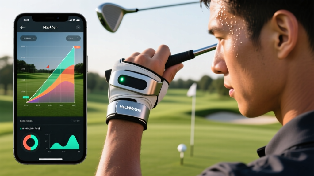 Close-up of a golfer wearing the HackMotion wrist sensor on their lead hand while analyzing swing plane data on a smartphone app.