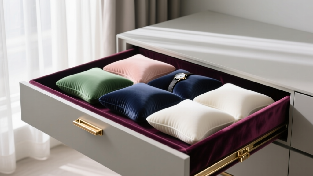 High-density memory foam watch pillows in varying sizes, neatly arranged inside a velvet-lined sliding drawer with brass hardware