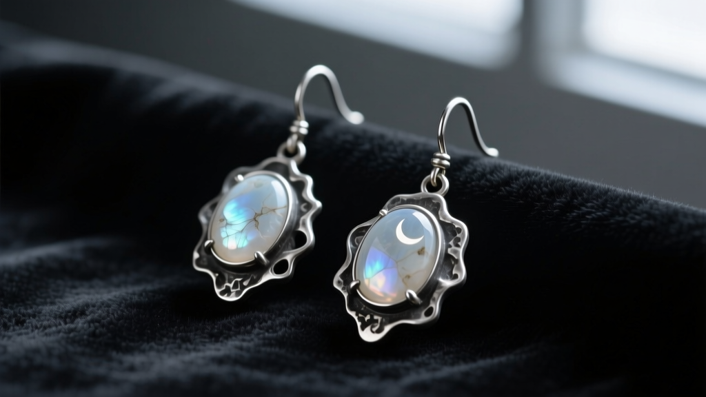 Close-up of oxidized silver spell earrings with raw moonstone cabochons resting on dark velvet under moody lighting