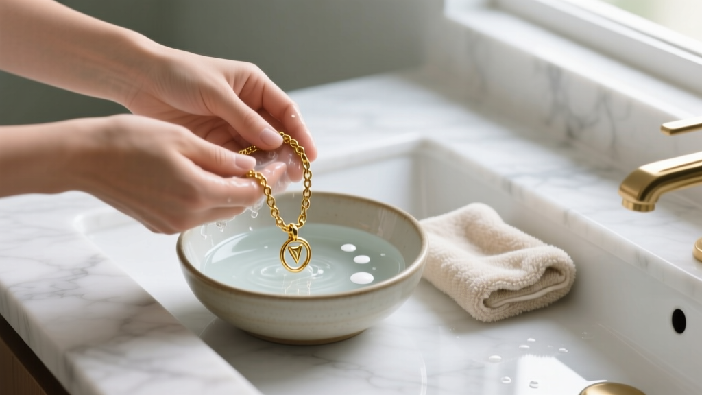 Hands washing a gold Pura Vida necklace with mild soap and a soft cloth in a small bowl on a bright marble bathroom countertop