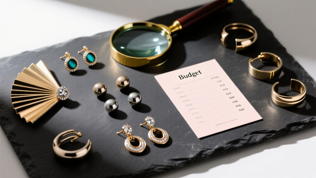 Flat lay of magnetic studs, vintage clip-ons, and ear cuffs on dark slate, next to a budget pricing chart and a magnifying glass.