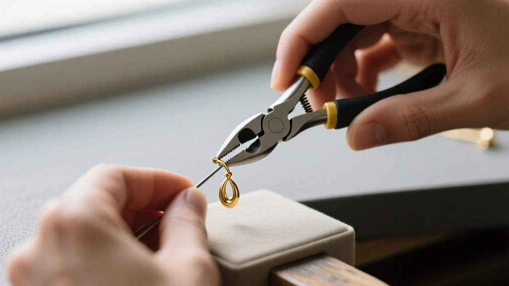 Hands using nylon-jaw pliers to gently straighten a bent 18-gauge 14k gold earring post on a padded jewelry workbench surface