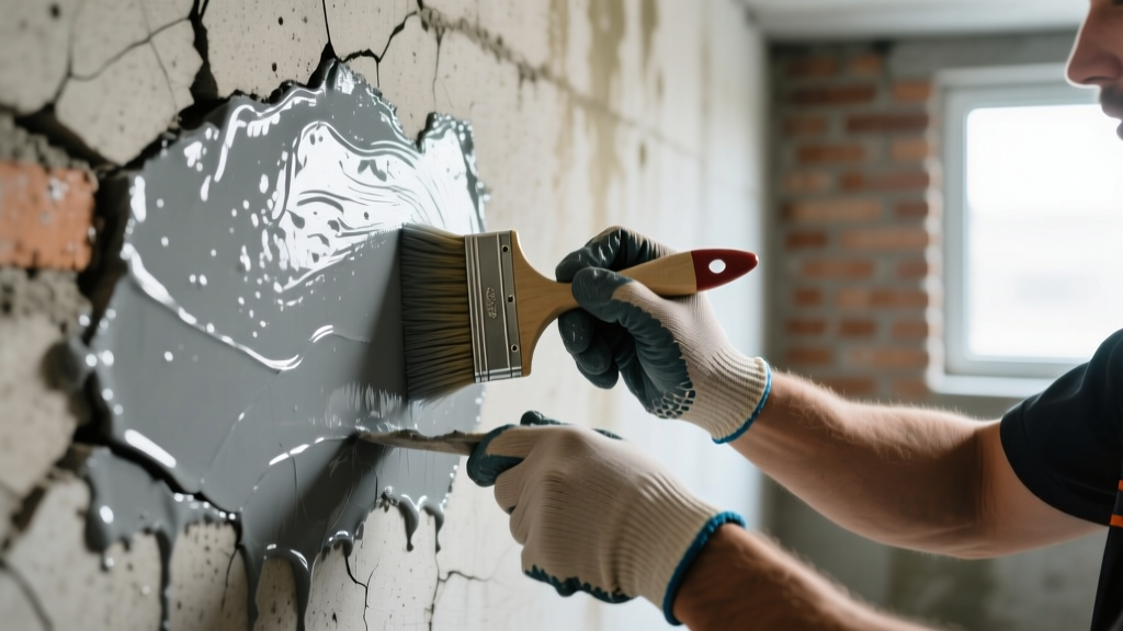 Close-up of a technician applying gray crystalline waterproofing slurry to a cracked concrete basement wall with a masonry brush