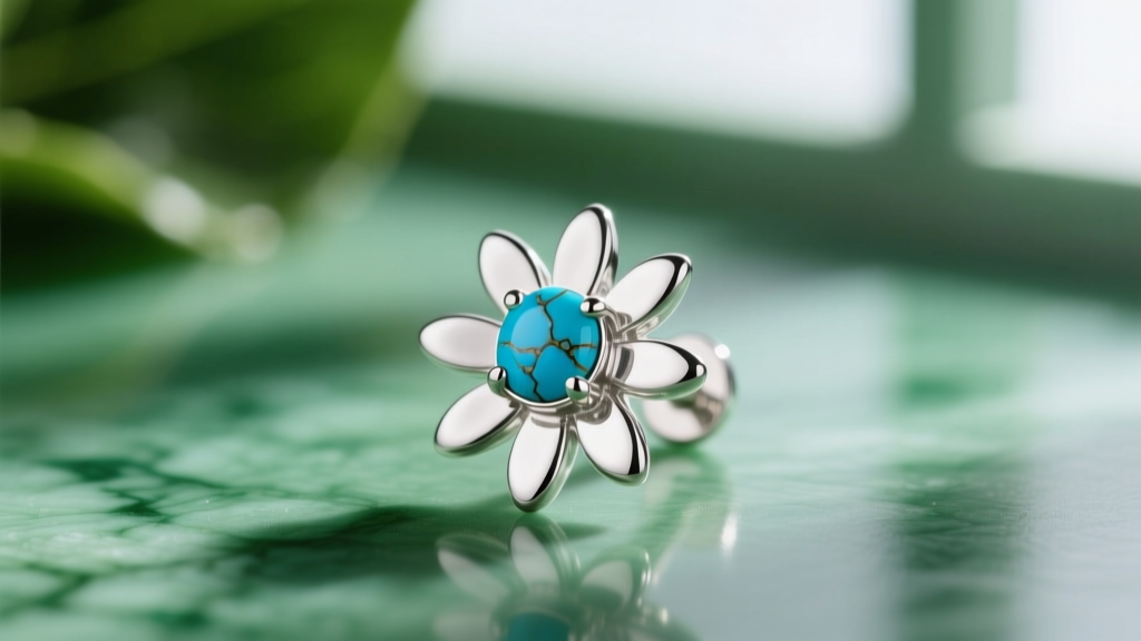 Macro shot of a sterling silver daisy stud earring with bezel-set Kingman turquoise center against a blurred green jade background.