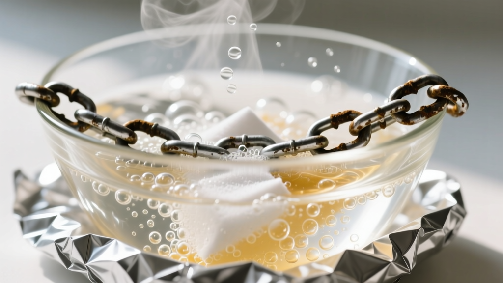 Close-up of a glass bowl lined with aluminum foil, boiling water, and baking soda, submerging a tarnished silver chain for cleaning