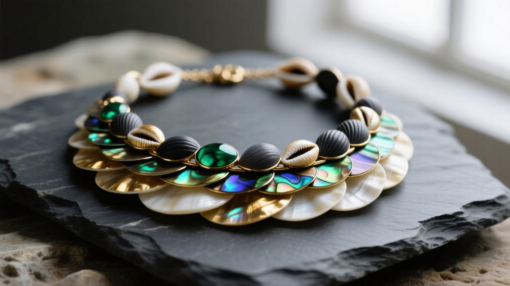 Close-up of a layered shell statement necklace featuring iridescent abalone and matte cowrie shells resting on dark slate stone.