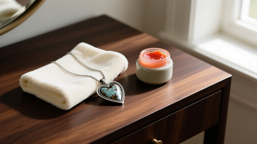Flat lay of a microfiber cloth and polishing paste next to an oxidized silver heart necklace on a dark wooden vanity table.