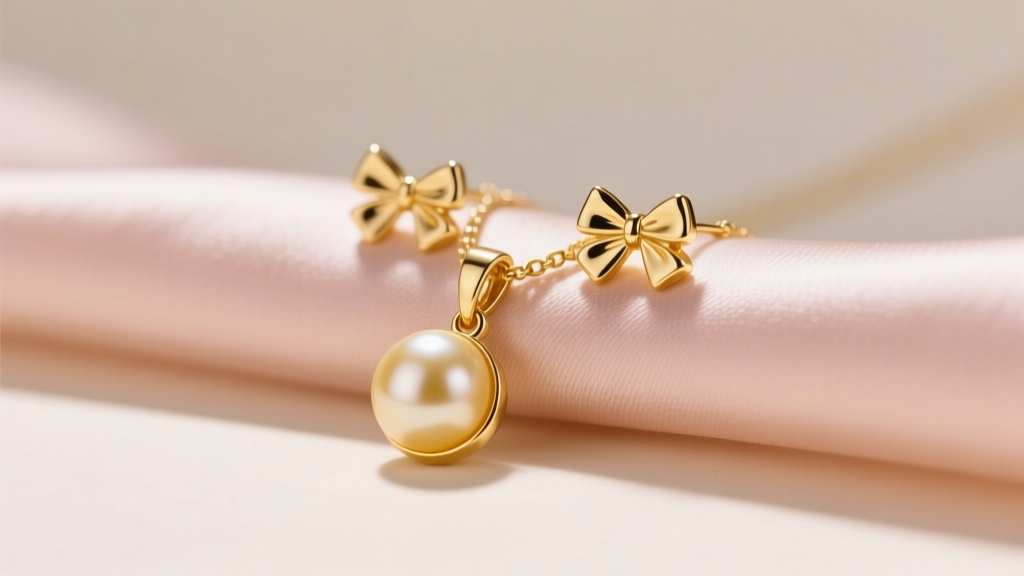 Close-up of 14k yellow gold pearl with bow earrings resting on blush silk fabric, illuminated by warm, directional studio lighting.