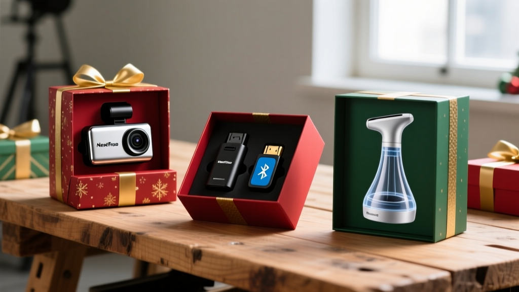 Festive holiday gift boxes containing a Nextbase dash cam, an OBD2 Bluetooth scanner, and an ultrasonic sink cleaner arranged on a wooden workbench
