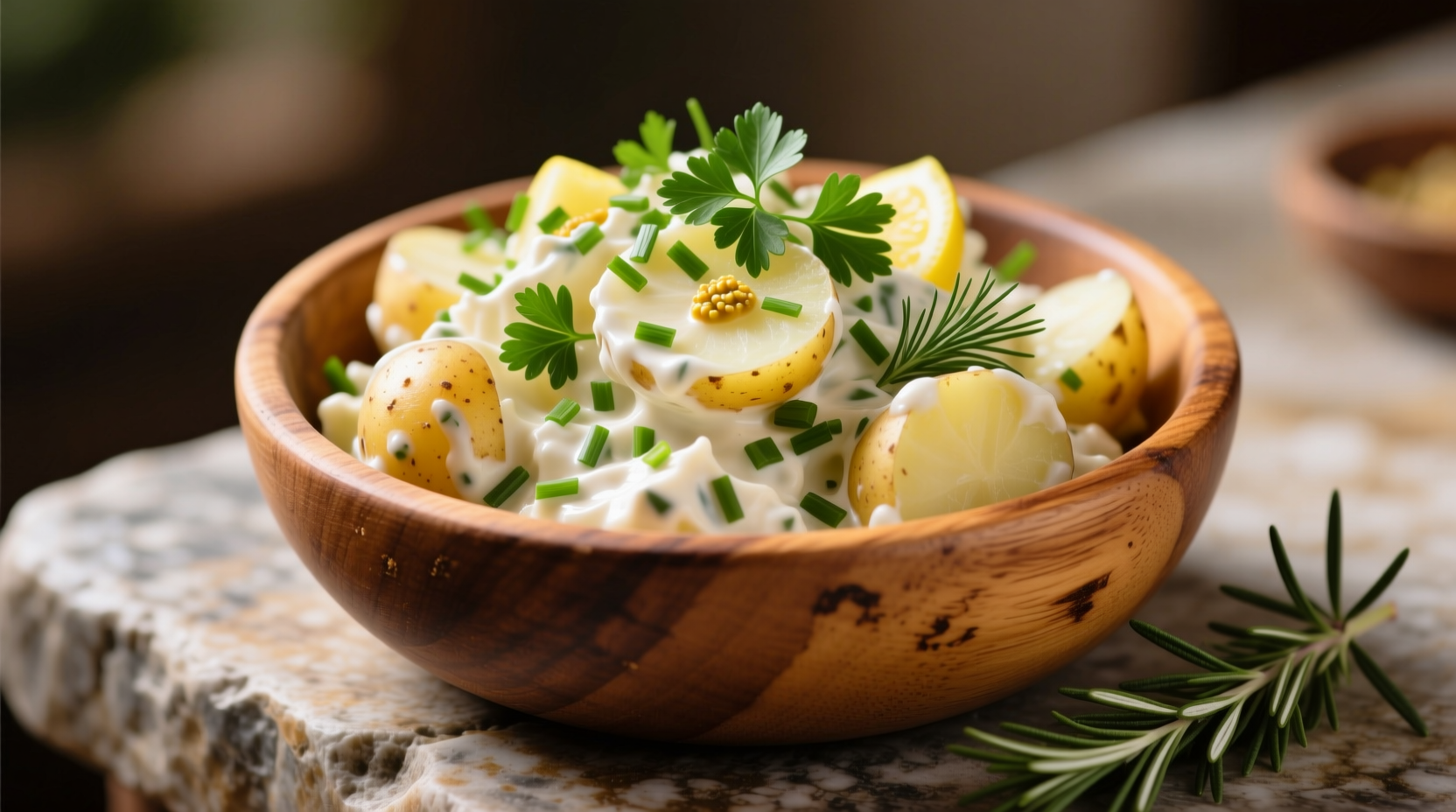 Creamy potato salad with fresh herbs in wooden bowl