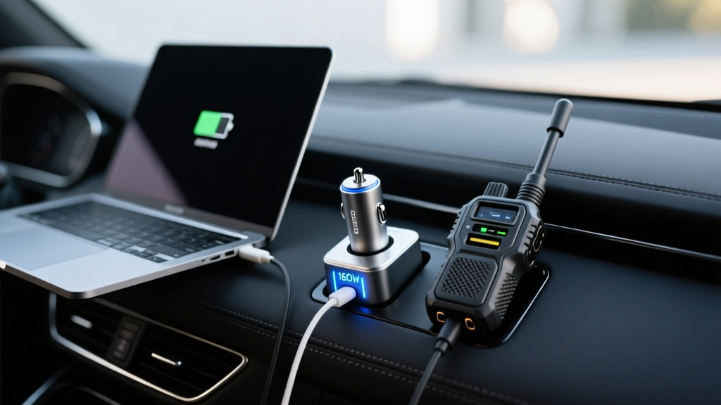 Close up of flush mounted 160W car charger in a dark vehicle interior charging a laptop and a tactical radio simultaneously