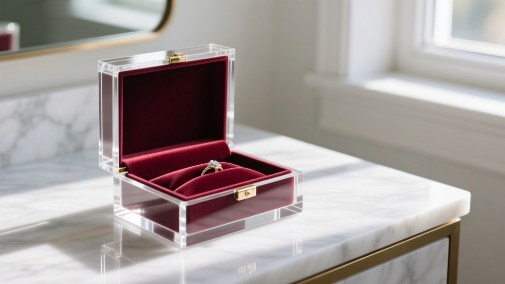 Clear acrylic jewelry box with velvet lining on a marble vanity, bathed in soft morning sunlight highlighting polished edges.