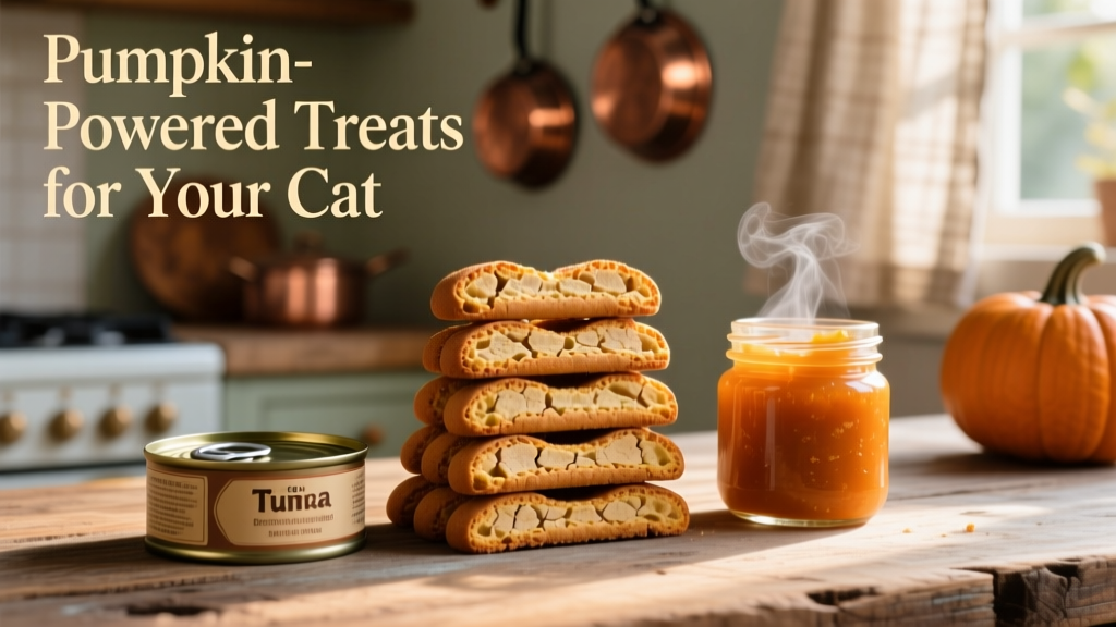 Crispy, golden-brown biscotti-style cat treats stacked neatly beside a can of tuna and pumpkin