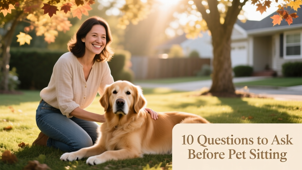 A calm, smiling pet sitter kneeling beside a relaxed golden retriever in a sunlit backyard